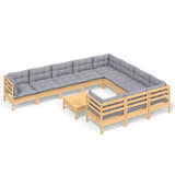 11 Piece Garden Lounge Set with Grey Cushions Pinewood - Front View