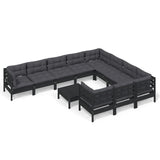11 Piece Garden Lounge Set with Cushions Black Pinewood - Front View