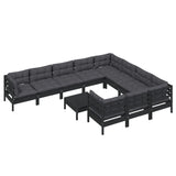 11 Piece Garden Lounge Set with Cushions Black Pinewood - Side View