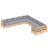 10 Piece Garden Lounge Set with Grey Cushions Pinewood - Front View