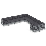 10 Piece Garden Lounge Set with Cushions Grey Pinewood