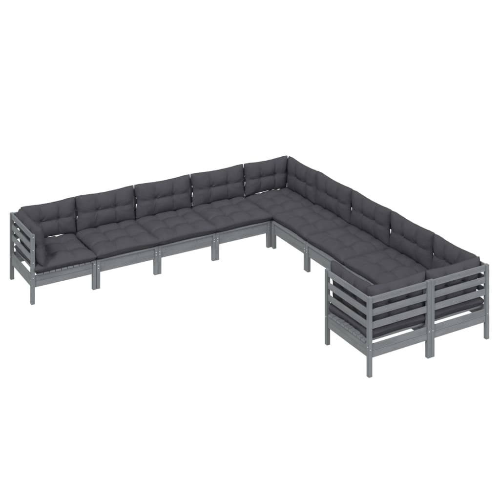 10 Piece Garden Lounge Set with Cushions Grey Pinewood