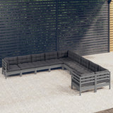 10 Piece Garden Lounge Set with Cushions Grey Pinewood