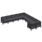 10 Piece Garden Lounge Set with Cushions Black Pinewood - Front View