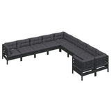 10 Piece Garden Lounge Set with Cushions Black Pinewood - Side View