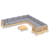 11 Piece Garden Lounge Set with Grey Cushions Pinewood - Front View