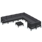 11 Piece Garden Lounge Set with Cushions Black Pinewood - Front View
