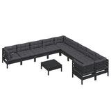 11 Piece Garden Lounge Set with Cushions Black Pinewood - Side View