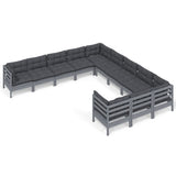 11 Piece Garden Lounge Set with Cushions Grey Pinewood