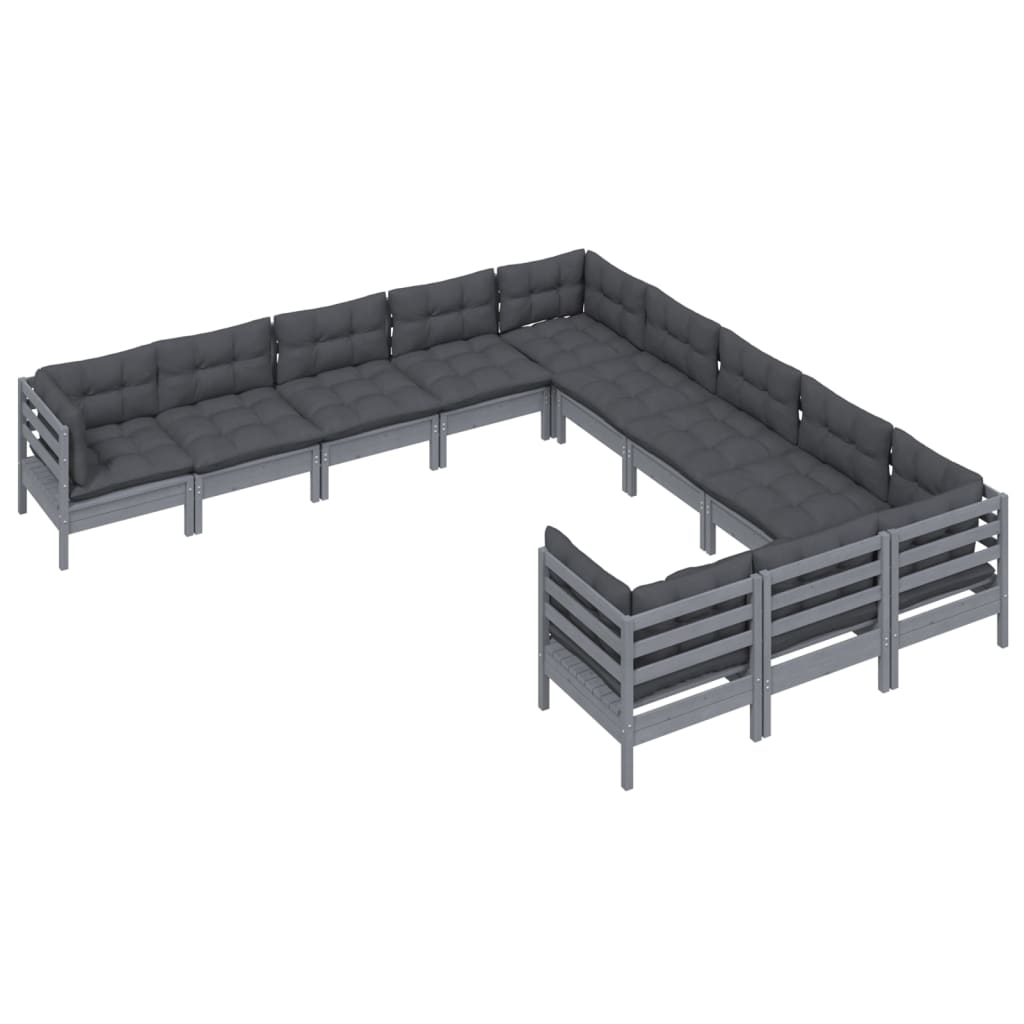 11 Piece Garden Lounge Set with Cushions Grey Pinewood