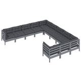 11 Piece Garden Lounge Set with Cushions Grey Pinewood