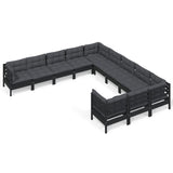 11 Piece Garden Lounge Set with Cushions Black Pinewood - Front View