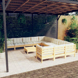 12 Piece Garden Lounge Set with Cream Cushions Pinewood