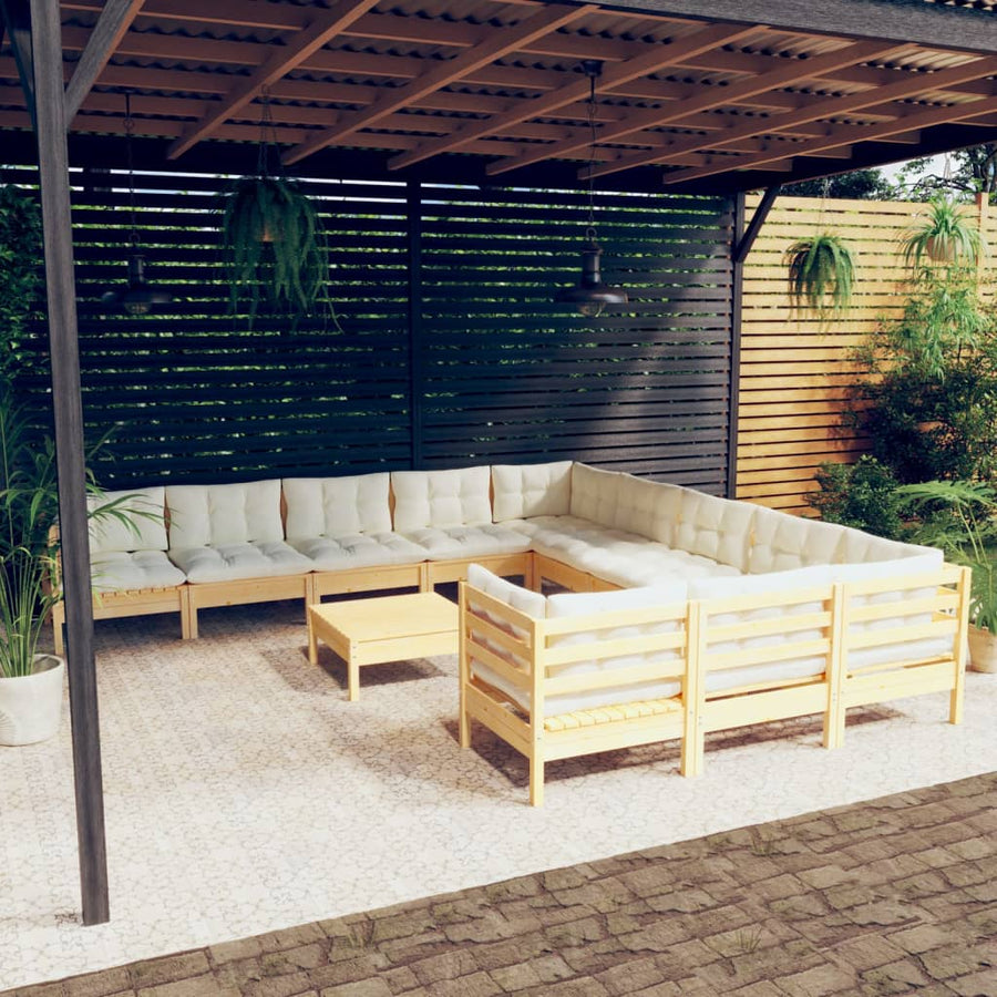 12 Piece Garden Lounge Set with Cream Cushions Pinewood