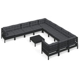 12 Piece Garden Lounge Set with Cushions Black Pinewood - Front View