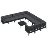 12 Piece Garden Lounge Set with Cushions Black Pinewood - Side View