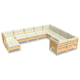 10 Piece Garden Lounge Set with Cream Cushions Pinewood