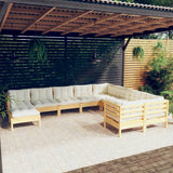 10 Piece Garden Lounge Set with Cream Cushions Pinewood