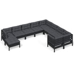 10 Piece Garden Lounge Set with Cushions Black Pinewood