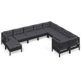 10 Piece Garden Lounge Set with Cushions Black Pinewood - Front View