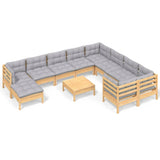 11 Piece Garden Lounge Set with Grey Cushions Pinewood - Front View
