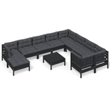 11 Piece Garden Lounge Set with Cushions Black Pinewood - Front View