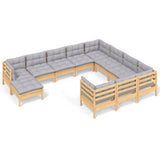 11 Piece Garden Lounge Set with Grey Cushions Pinewood - Front View