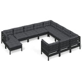 11 Piece Garden Lounge Set with Cushions Black Pinewood - Front View