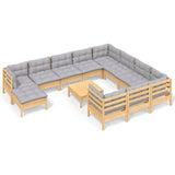 12 Piece Garden Lounge Set with Grey Cushions Pinewood - Front View