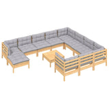 12 Piece Garden Lounge Set with Grey Cushions Pinewood - Side View