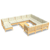 12 Piece Garden Lounge Set with Cream Cushions Pinewood - Front View