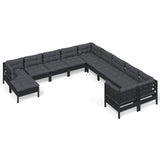 11 Piece Garden Lounge Set with Cushions Black Pinewood - Front View