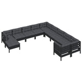 11 Piece Garden Lounge Set with Cushions Black Pinewood - Side View