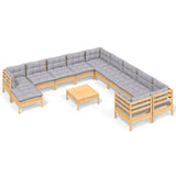 12 Piece Garden Lounge Set with Grey Cushions Pinewood - Front View
