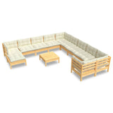 12 Piece Garden Lounge Set with Cream Cushions Pinewood - Front View