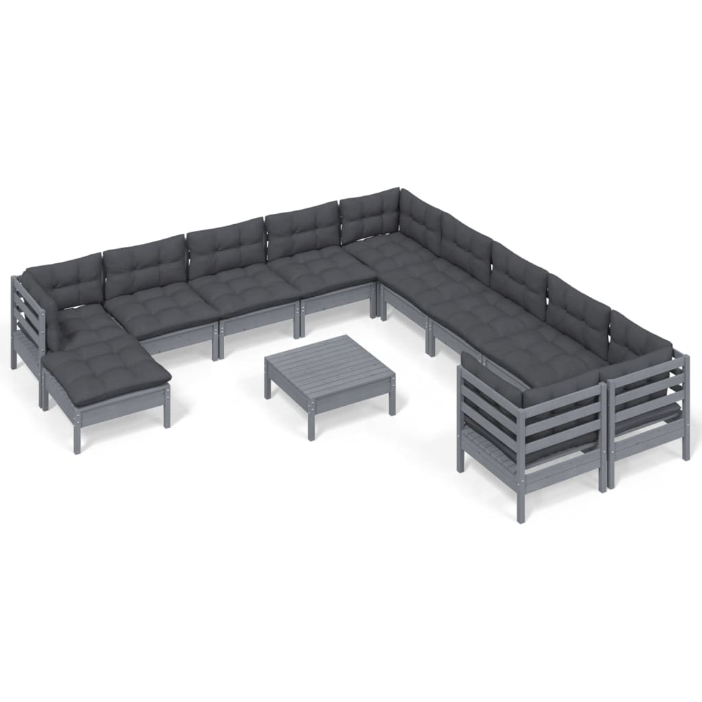 12 Piece Garden Lounge Set with Cushions Grey Pinewood