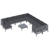 12 Piece Garden Lounge Set with Cushions Grey Pinewood - Side View