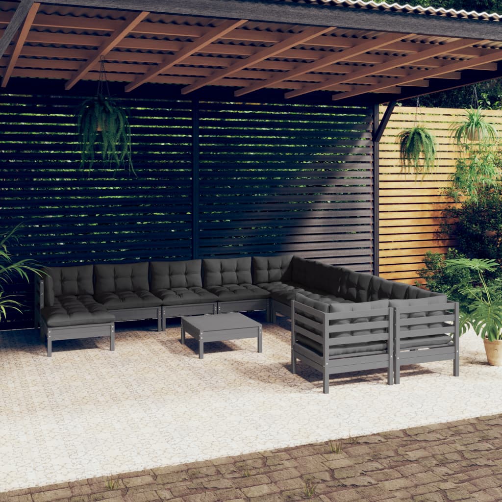 12 Piece Garden Lounge Set with Cushions Grey Pinewood