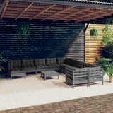 12 Piece Garden Lounge Set with Cushions Grey Pinewood