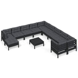 12 Piece Garden Lounge Set with Cushions Black Pinewood - Front View