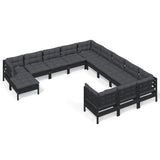 12 Piece Garden Lounge Set with Cushions Black Pinewood - Front View