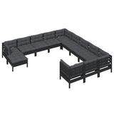 12 Piece Garden Lounge Set with Cushions Black Pinewood - Side View