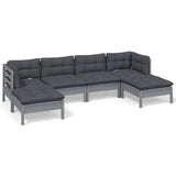 6 Piece Garden Lounge Set with Cushions Grey Pinewood - Front View