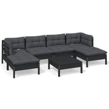 7 Piece Garden Lounge Set with Cushions Black Pinewood - Front View