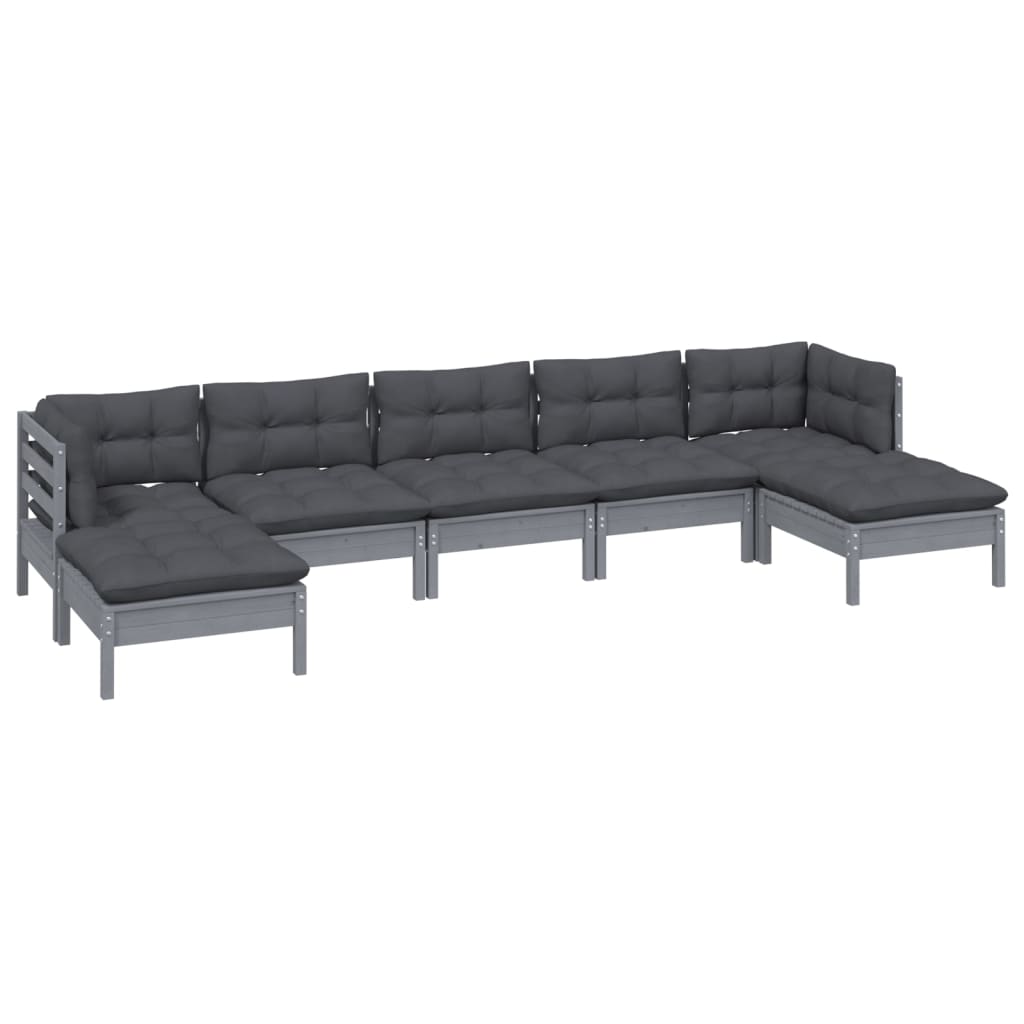 7 Piece Garden Lounge Set with Cushions Grey Pinewood