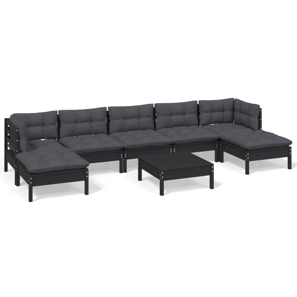 8 Piece Garden Lounge Set with Cushions Black Pinewood