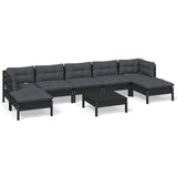 8 Piece Garden Lounge Set with Cushions Black Pinewood - Front View