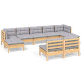 9 Piece Garden Lounge Set with Grey Cushions Pinewood - Front View