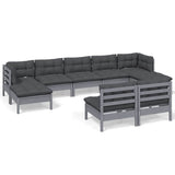 9 Piece Garden Lounge Set with Cushions Grey Pinewood - Front View