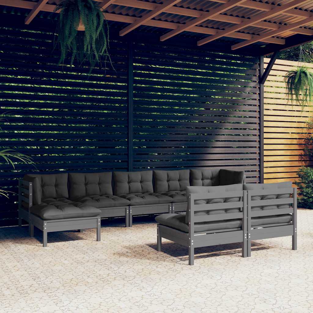 9 Piece Garden Lounge Set with Cushions Grey Pinewood